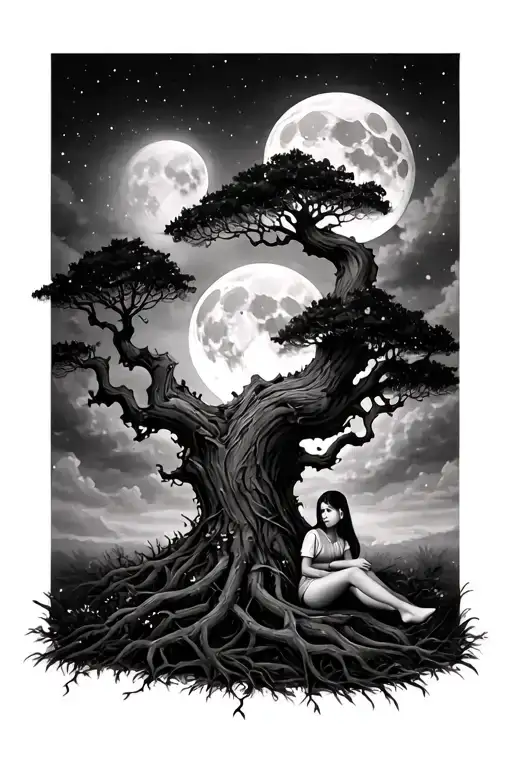 Poison Tree With Moon Over It And Little Girl Sitting Under The Tree