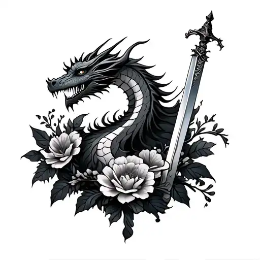 Dragon With Sword Surrounded By Flowers Intertwined