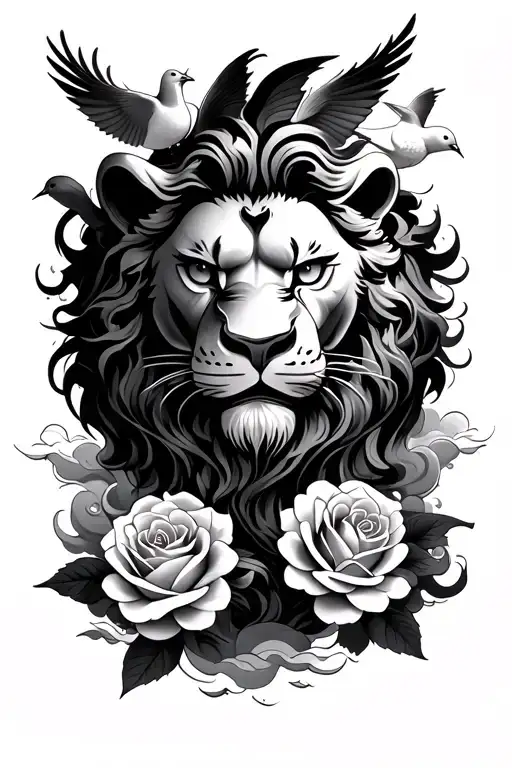 Four Chinese Words A Lion Face With Two Roses Three Doves In Some Clouds