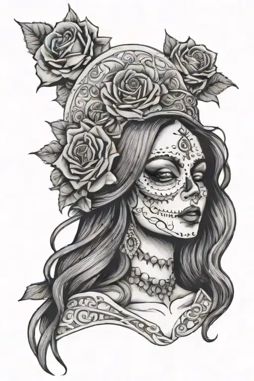 La Catrina Woman Face With Virgin Mary Headpiece And Roses