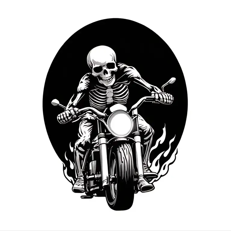 A Skeleton Riding A Motorbike With Flames Coming Off The Wheels