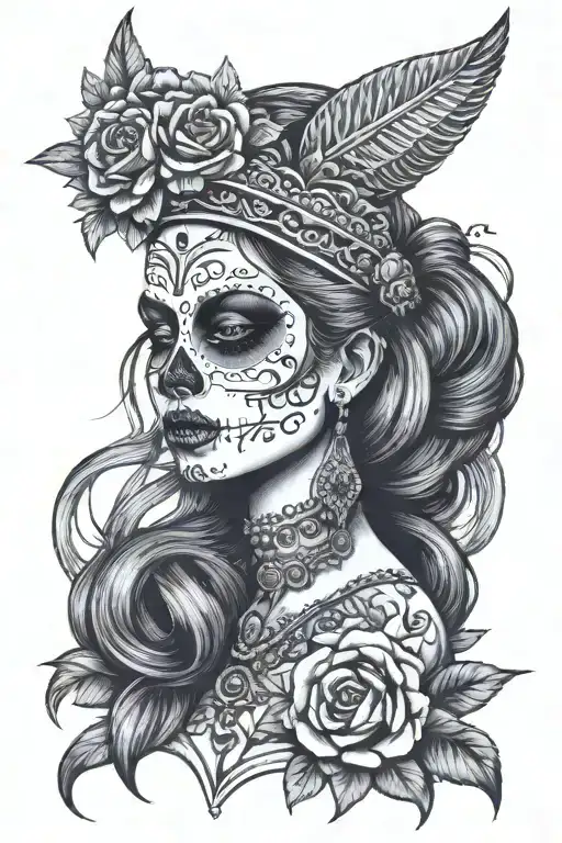 La Catrina Side Profile Traditional Lady Head With Spiky Thin Rod Headpiece And Flower Crown