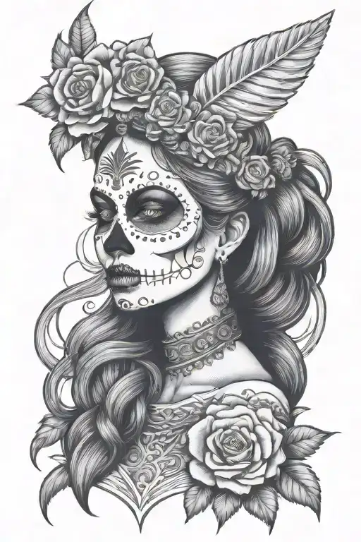 La Catrina Side Profile Traditional Lady Head With Spiky Thin Rod Headpiece And Flower Crown