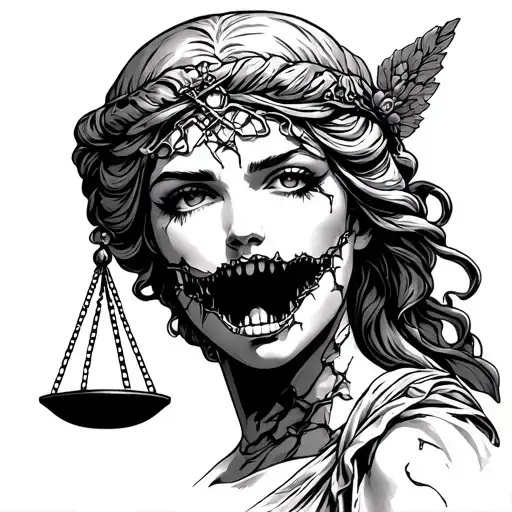 Lady Justice With Mouth Stitched And Ripped Apart