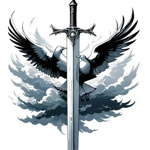 A Sword In Clouds With Doves