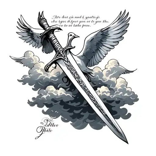 A Sword In Clouds With Doves And A Bible Verse