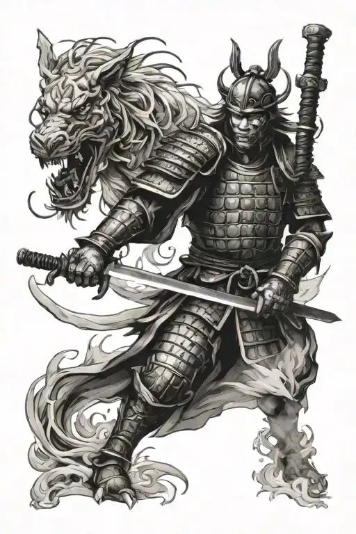 Samurai Warrior Battling Mythical Creatures