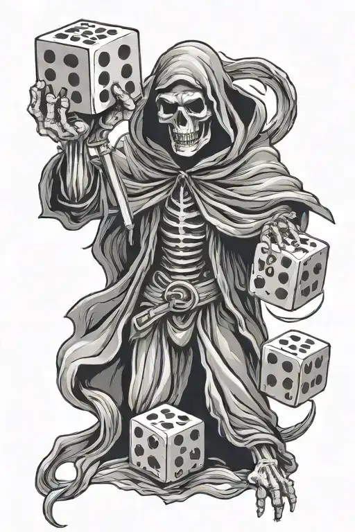 Grim Reaper Holding A Pair Of Dice Symbolizing The Gamble