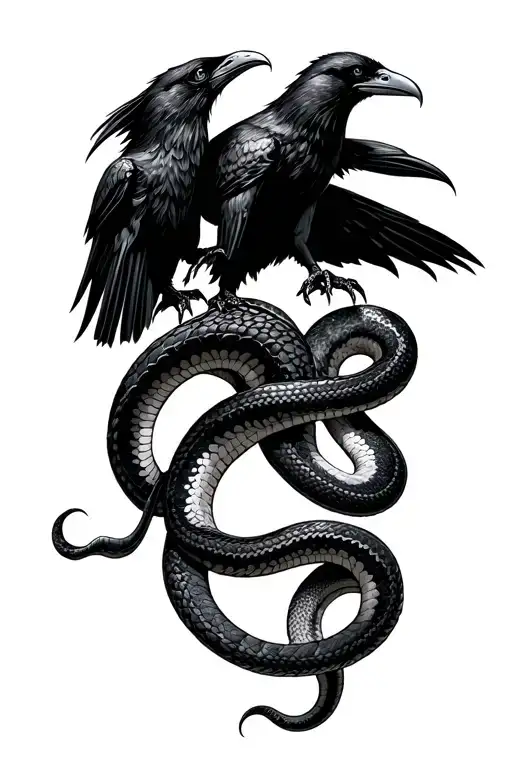 2 Snakes Fighting With A Raven Standing