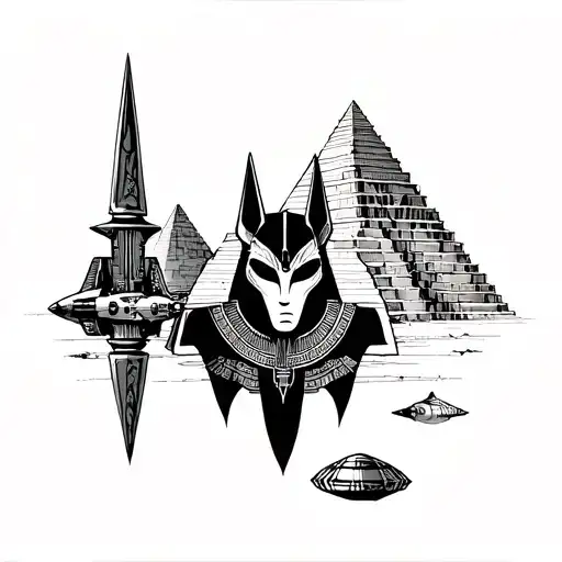 Anubis Egypcian God With Pyramids And Alien Spaceship