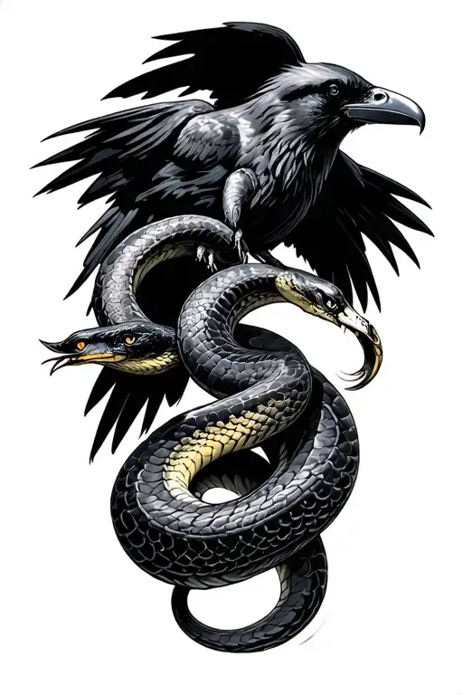 Snakes Fighting With A Raven Standing