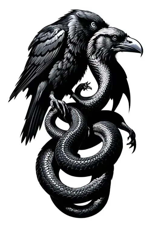 Snakes Fighting With A Raven Standing Side By Side