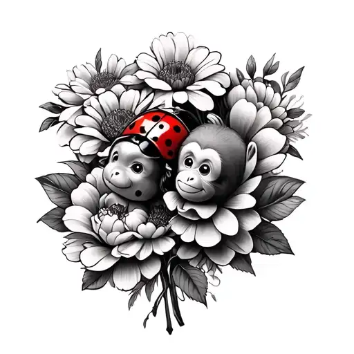 Infinite Love With Ladybug And Cosmos Flower And Peony Flower Bouquet With Baby Monkey