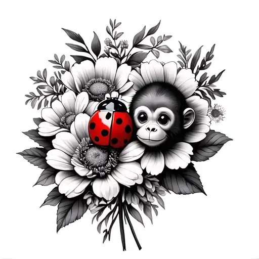 Infinite Love With Ladybug And Cosmos Flower And Peony Flower Bouquet With Baby Monkey