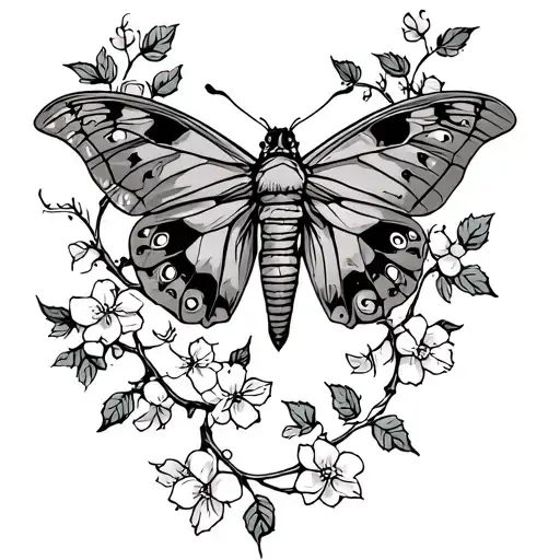 Tramp Stamp With Moth In The Middle With Vines On The Side With Tiny Cherry Blossoms And Leaves
