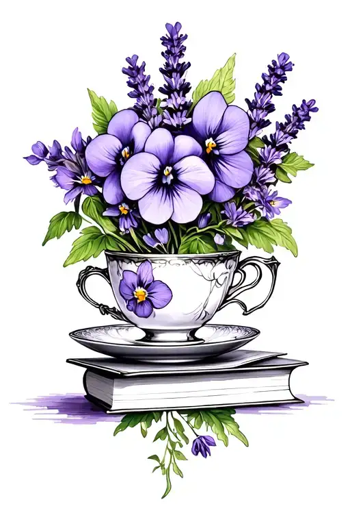 Violets Lavender Books Tea Cup Surrounded By Blooming