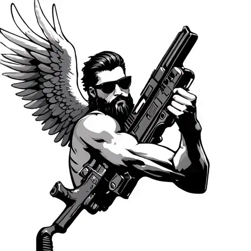 Male Angel With A Beard And Wearing Sunglasses Holding A Machine Gun