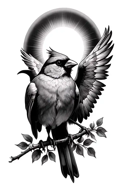 Realistic Cardinal With Wings Spread Surrounded By The Sun