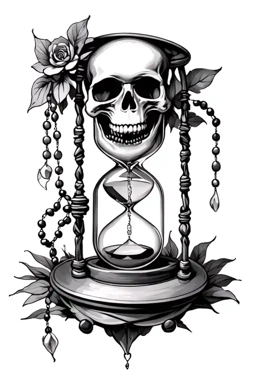 Skull With An Hourglass In Its Mouth And A Rosary Wrapped Around The Hourglass