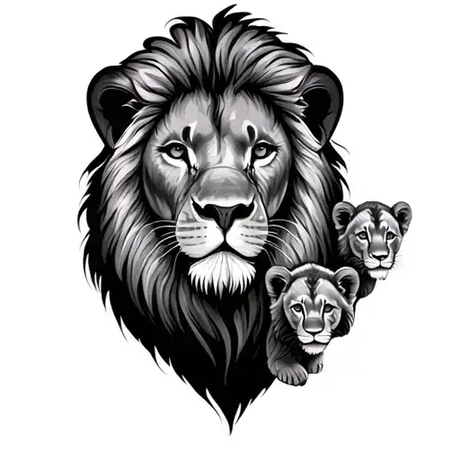 Lion Head With 3 Cubs Surrounded