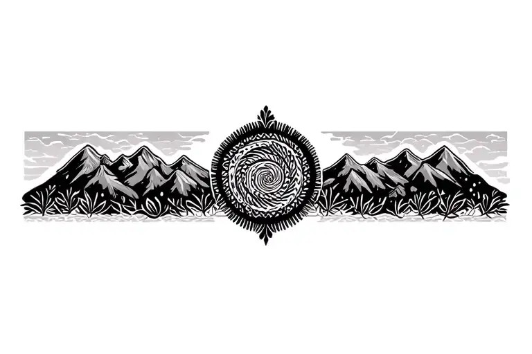 Pachamama Spiral With Mountain Outline Intertwined Coca Leaves