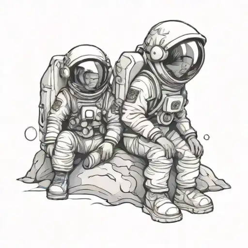 Two Astronauts Kids Sitting In An Embrace On The Moon