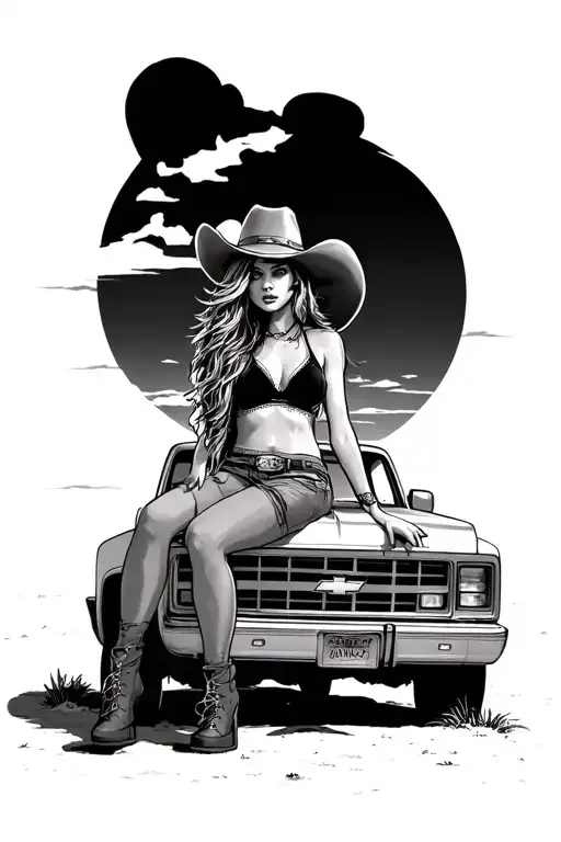 Long Hair Cowgirl Sitting In Back Of Squarebody Chevy In Desert
