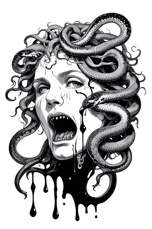 Medusa With Snakes And Crying Black With Black Blood Coming Out Mouth