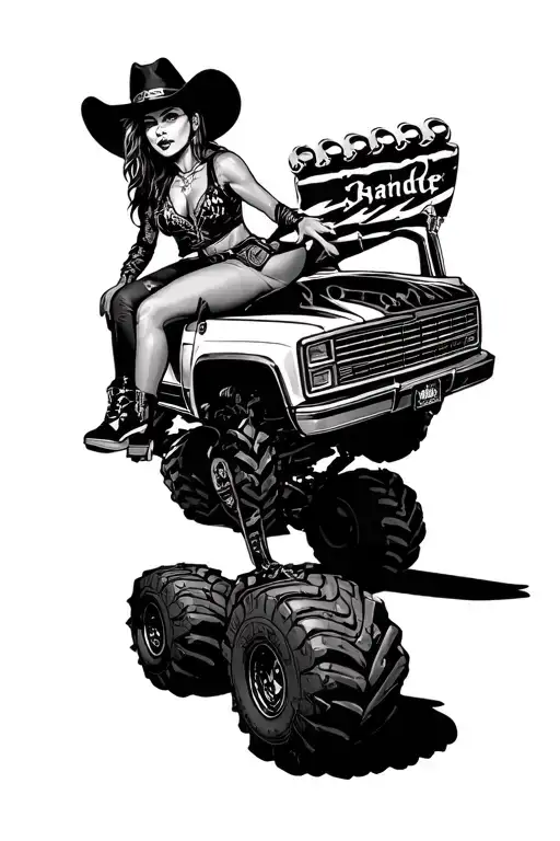 Bandit Cowgirl Sitting On Monster Energy Truck Parked