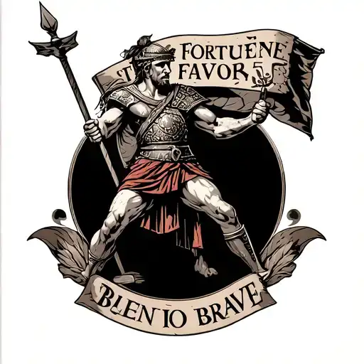 Roman Gladiator Fighting With A Banner Of Fortune Favors The Brave In Latin