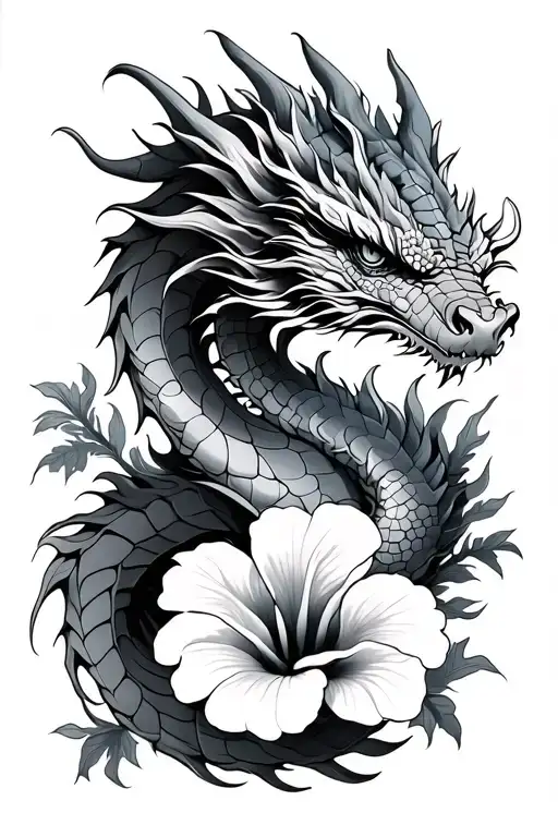 Dragon And Hibiscus Flower Surrounded