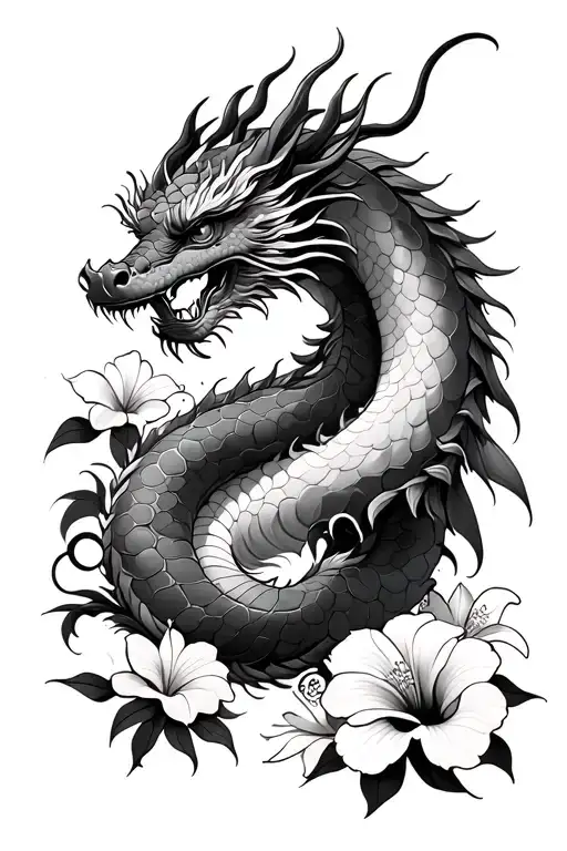 Japanese Style Dragon Surrounded With Hibiscus Flowers For Leg