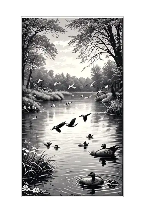 Pond With Ducks Flying