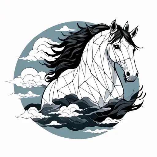 Fine Line Korean Geometric Pattern Horse On Korean Clouds