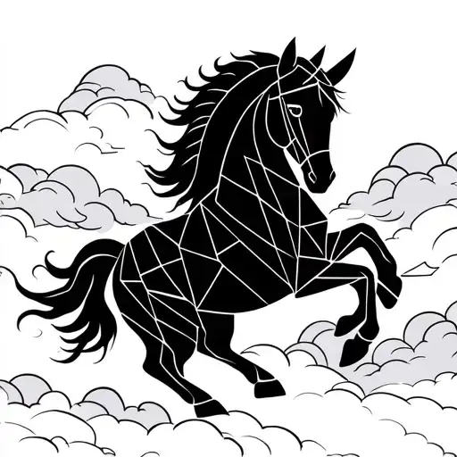 Fine Line Simple Korean Geometric Pattern Horse On Korean Clouds