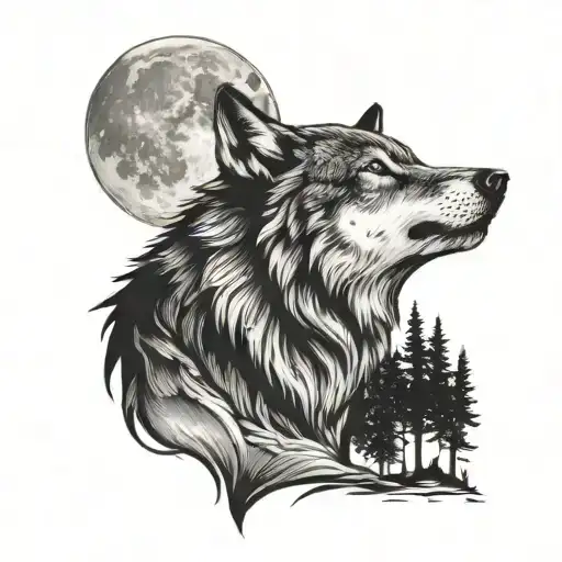 A Minimalist Tattoo Of A Lone Wolf Howling At The Moon