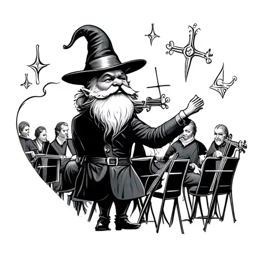 A Magical Black And Grey Tattoo Of A Gnome Conductor Leading A Symphony Orchestra