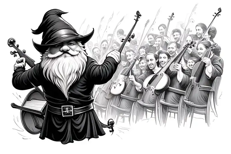A Magical Black And Grey Tattoo Of A Gnome Conductor Leading A Symphony Orchestra