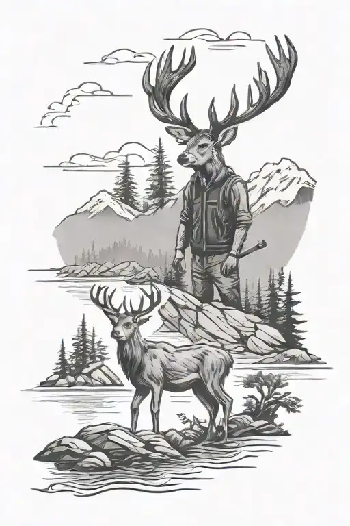 A Deer And A Fisherman In Mountains Panorama