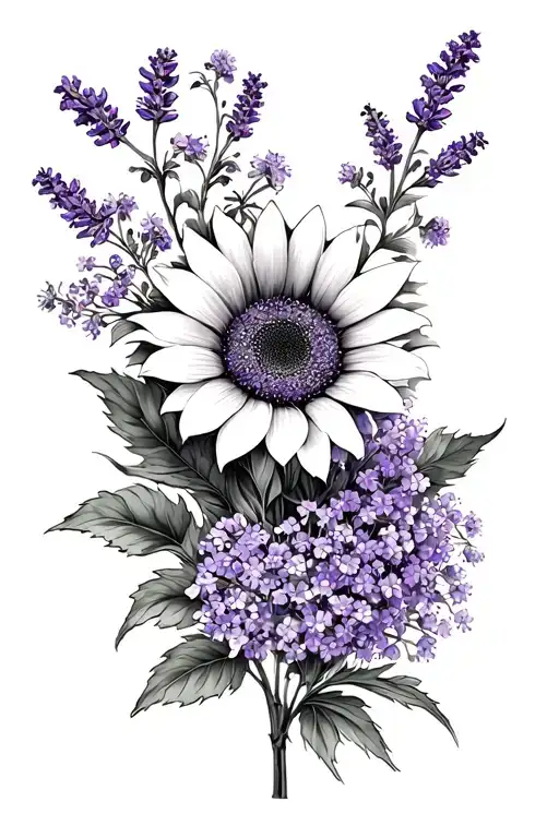 Spine Tatoo Lavender And Sunflower Baby's Breath