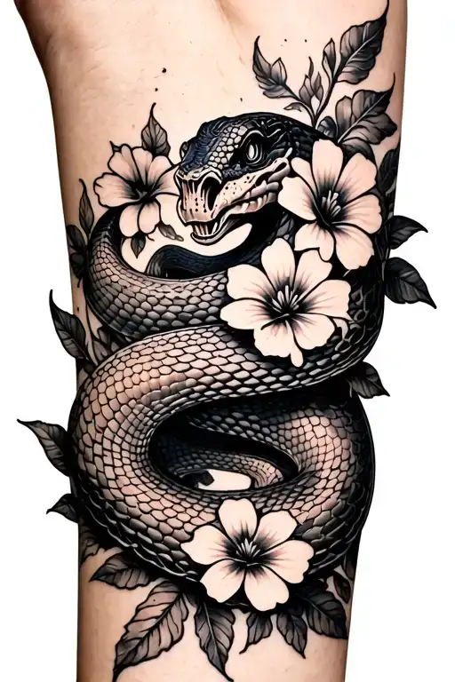 Snake Wrapping Around My Forearm With 8 Flowers Around The Snake