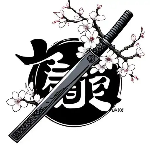 Samurai Katana With Cherry Blossom Branch And Gaman Kanji