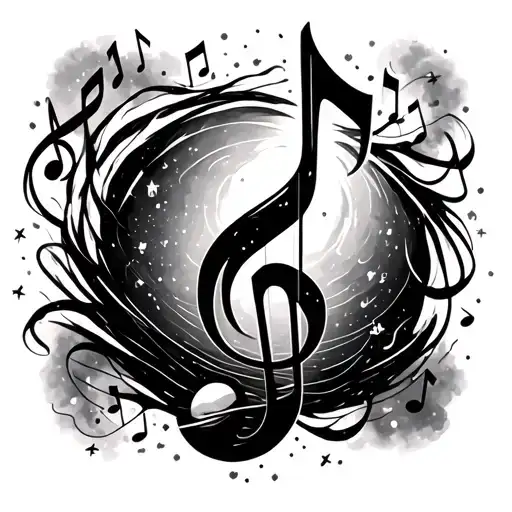 Music Notes Flowing Space Themed Tattoo With Background