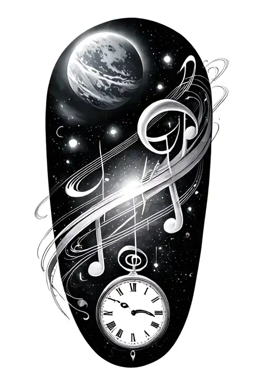 Music Notes Flowing Space Themed Tattoo With A Clock