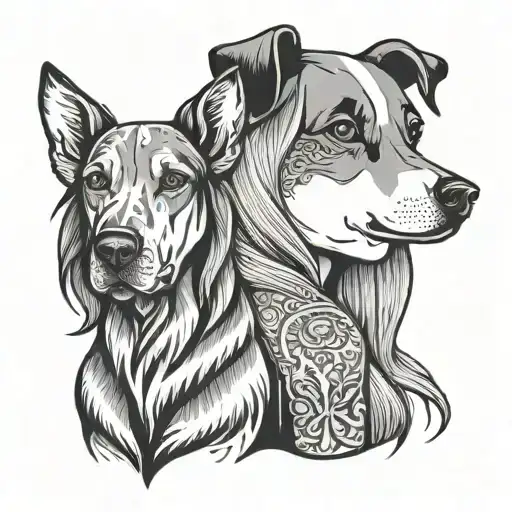 Stylized Tattoo Of A Girl With Long Hair Next To A Dog With Pointed Ears