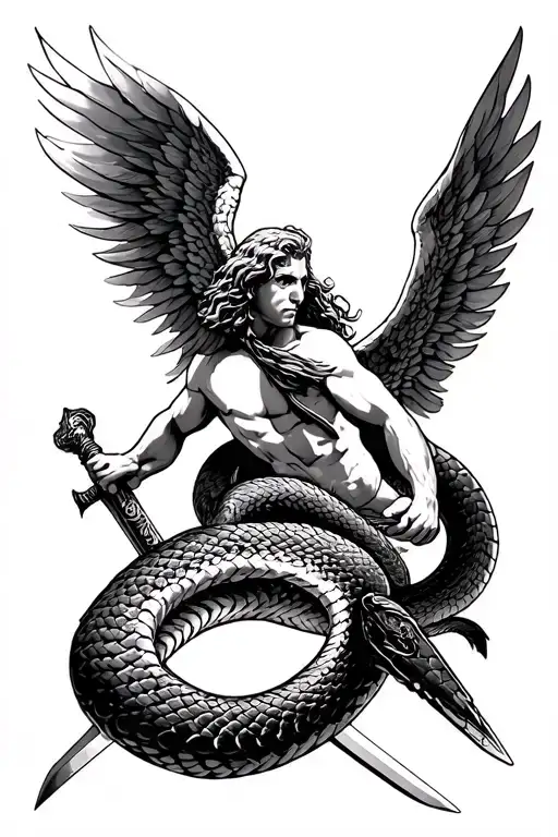 Saint Michael Killing A Snake With Sword Tattoo Design