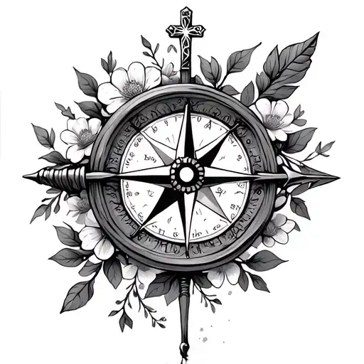Dainty Compass With Flowers And Wrapped In Vines An Arrow The Top Having A Cross And Heart