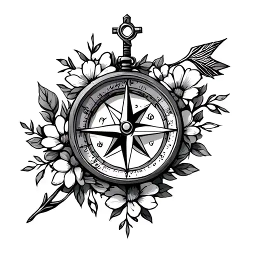 Dainty Compass With Flowers And Wrapped In Vines An Arrow The Top Having A Cross And Heart
