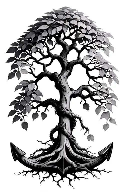 Strong Tree With Leaves Where Roots Intertwined Around Anchor