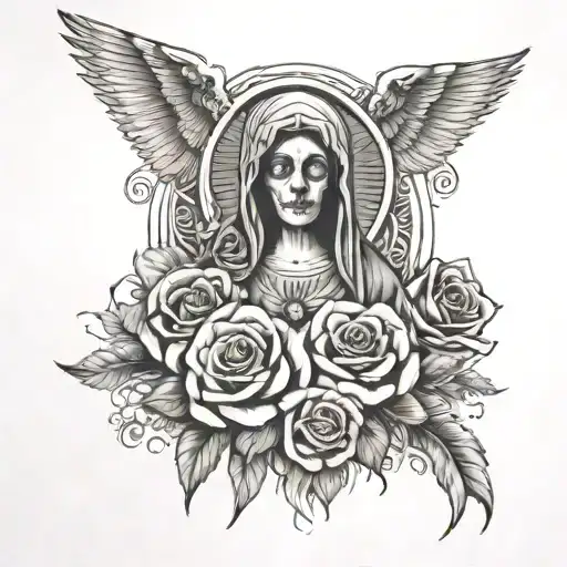 Santa Muerte And Virgin Mary Half And Half Back Piece With Roses And Doves